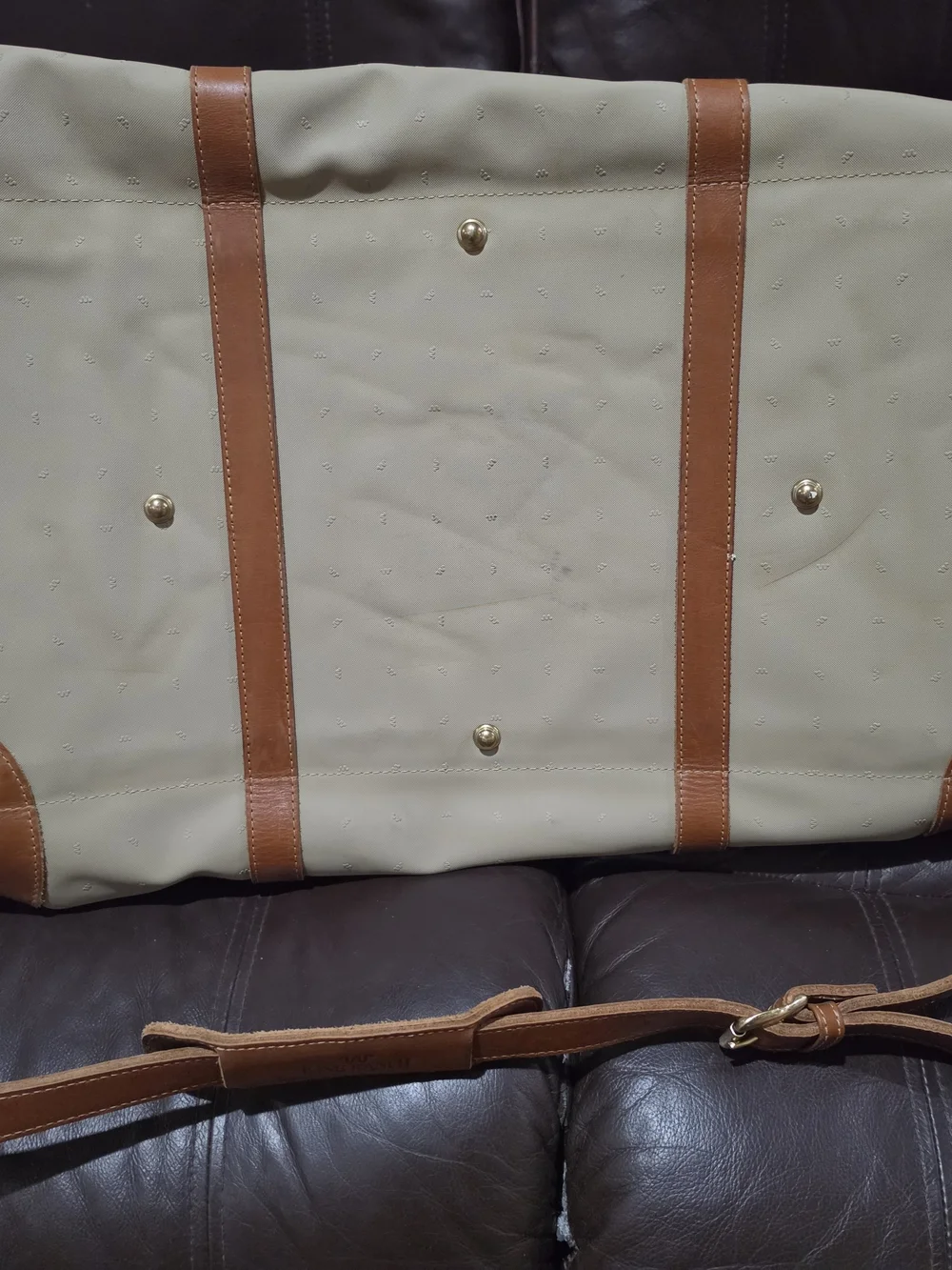 King Ranch Vintage Weekender Duffle Bag Beige Canvas Brown Leather Travel 60cm